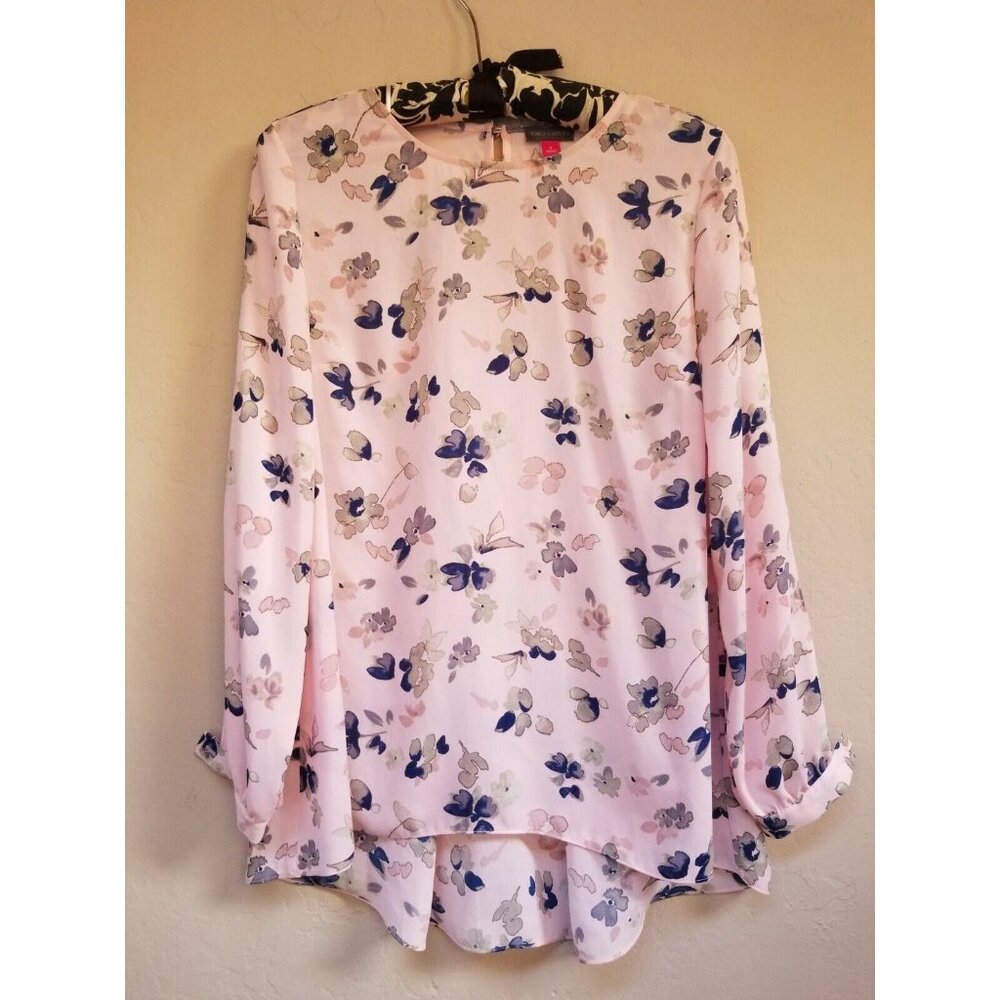 Vince Camuto Top Womens Small Pink Floral Open Sleeve Chiffon Blouse Hi-Low